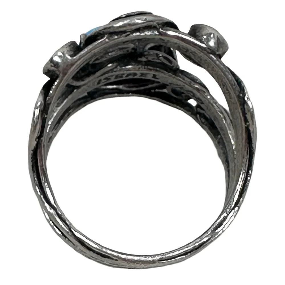 Vintage Israel 925 Sterling Silver Blue Opal Filigree Scroll Ring Jewish Artisan